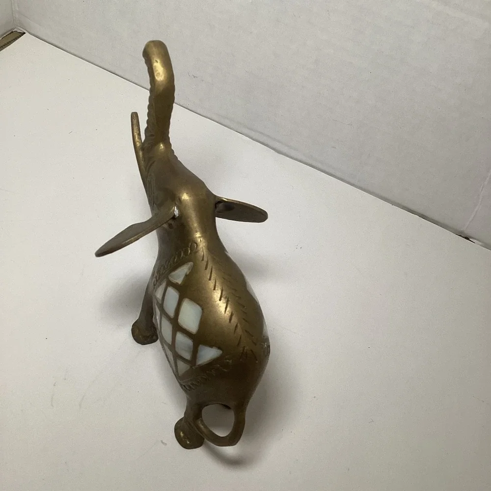 Vintage Brass Elephant Figurine Mother of Pearl Inlay Trunk Up Good Luck Decor
